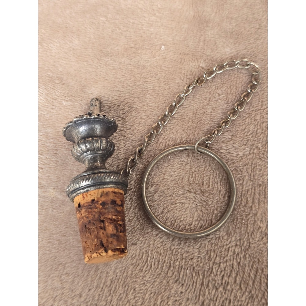Vintage Ornate Silver Tone Bottle Stopper with Chain and Ring Cork Barware